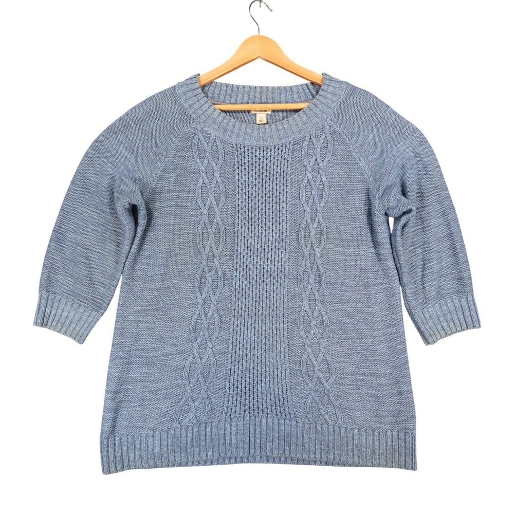 L.L.Bean Sweater Women‎ Large Blue Cotton Blend Cable Knit 3/4 Sleeve Casual